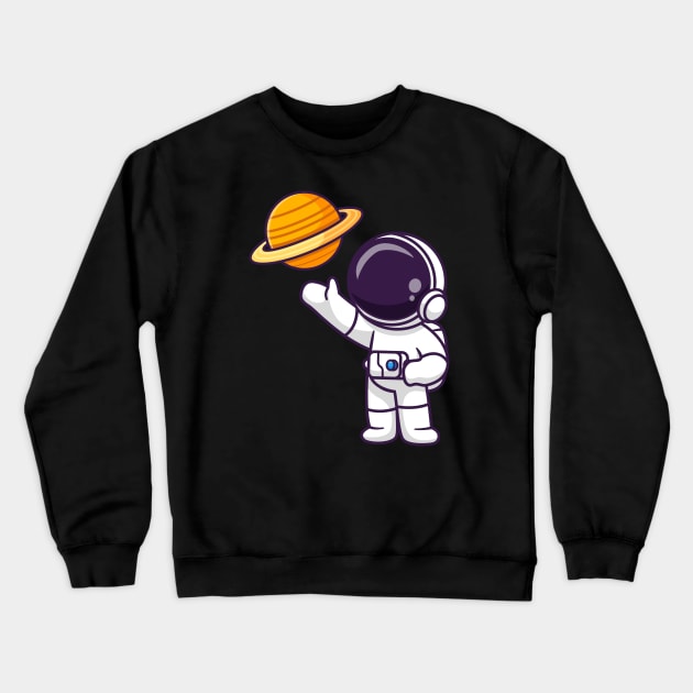 Cute Astronaut Observing Planet Cartoon Crewneck Sweatshirt by Catalyst Labs